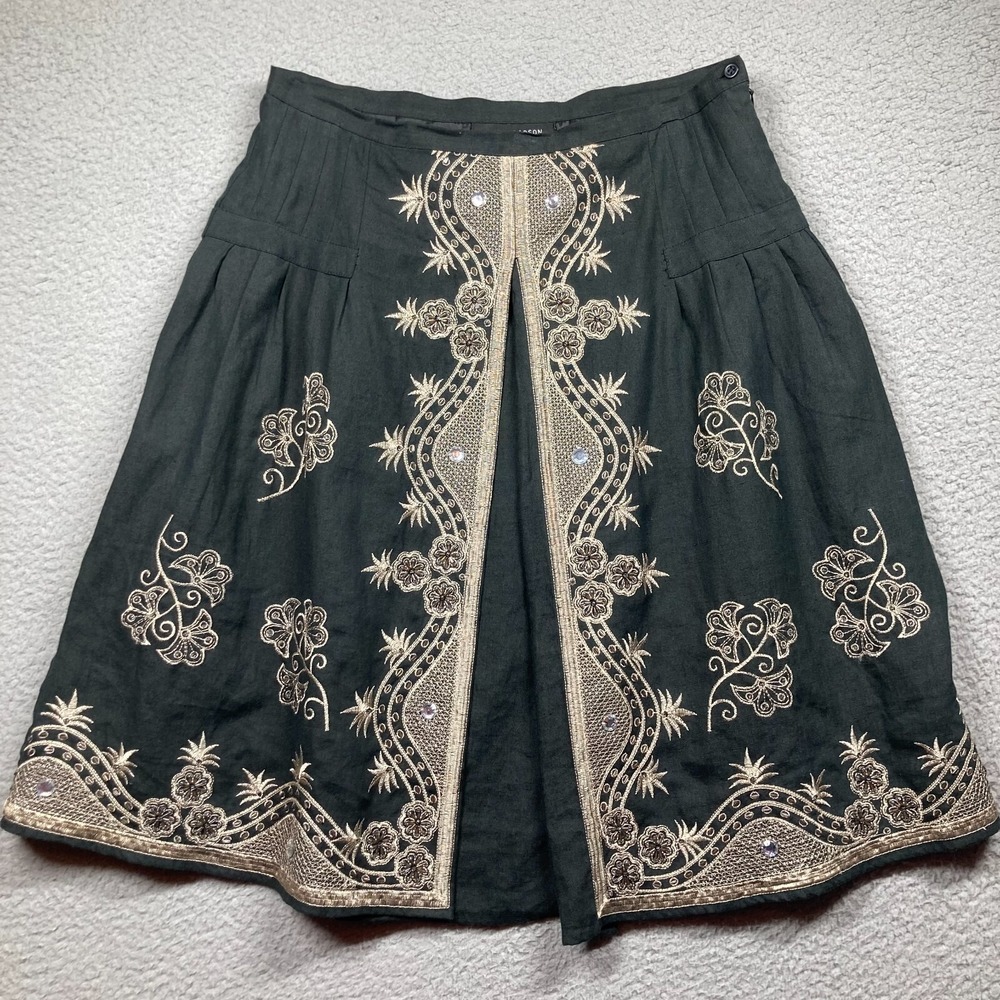 Anne Carson Skirt Women's 8 Black Linen Lined Embroidered Knee Length‎ Side Zip